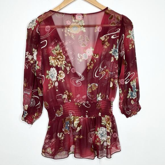 Wet Seal Y2K Babydoll Top Womens M Japanese Floral Sheer Chiffon Boho Ruffled - Picture 5 of 5